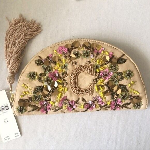 Anthropologie Beaded Leather Pouch Clutch Monogramed Letter C - Picture 2 of 6